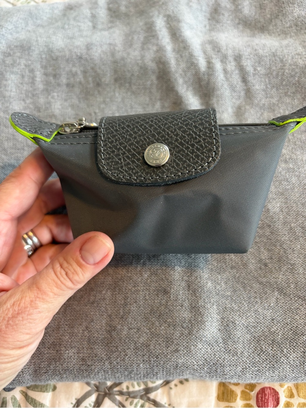 Longchamp Mini Pouch in Charcoal with Neon Yellow Trim